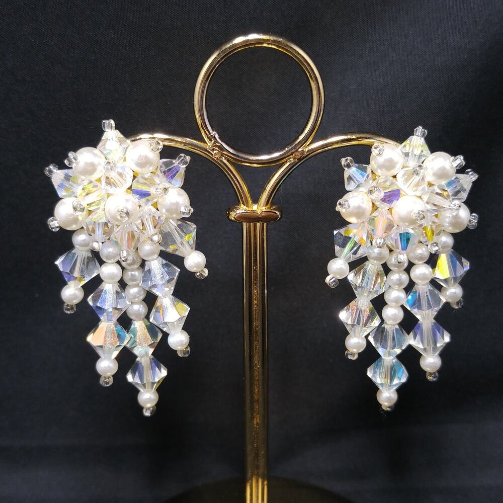 Vintage 1980s AB Crystal & Faux Pearl Dangle Clip On Earrings Gold Tone